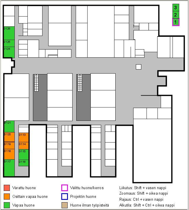 3.2 Karttaosio Karttaosio esittää graafisesti kerroksittain huoneiden tilat (kuva 3). Kartan oikeassa ylänurkassa sijaitsee napit kerroksien vaihdolle. Kartta näyttää huoneiden tilat värikoodattuina.