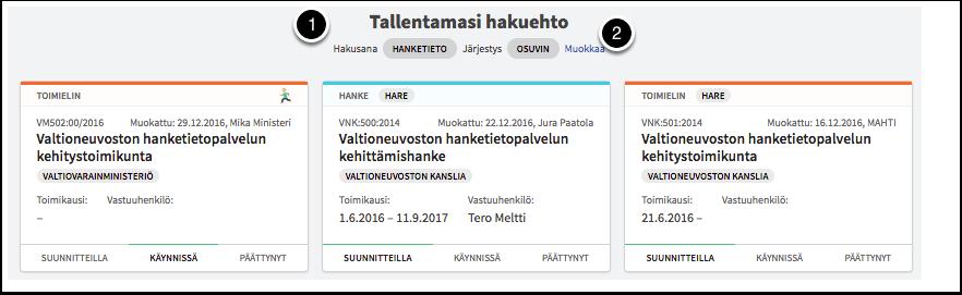 1. Sisällöt, joita seuraan esittää listan viimeksi järjestelmässä muokatuista hankkeista, jotka olet asettanut seuratuiksi. 2. Tämä ikoni osoittaa että olet asettanut hankkeen seurattavaksi. 1.