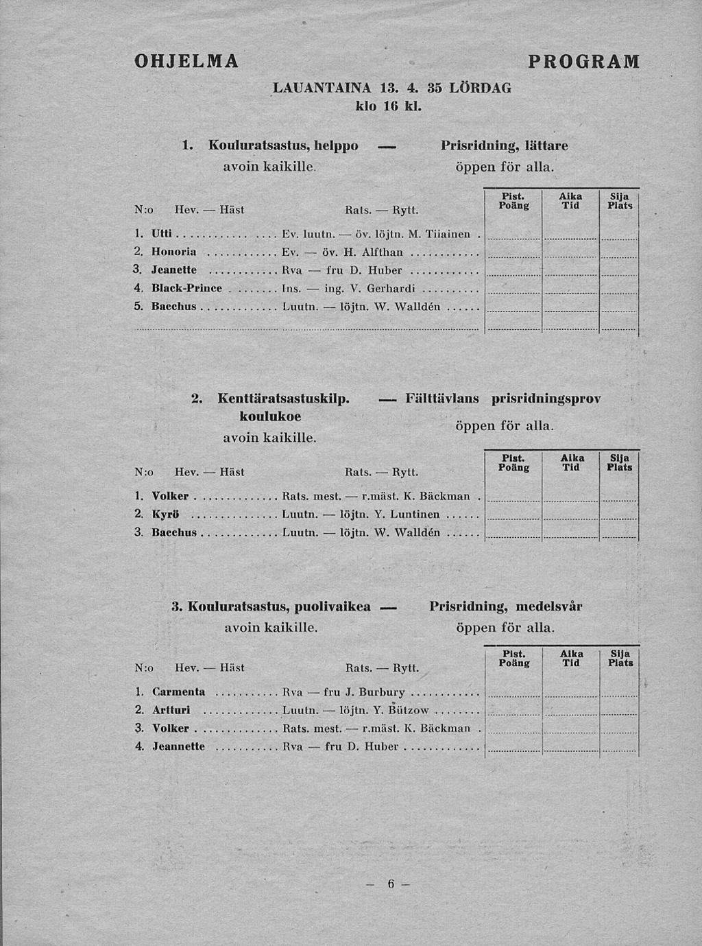 Häst Häst Häst öv. fru ing. fru r.mäst. r.mäst. OHJELMA LAUANAINA 13. 4. 35 LÖDAG klo 16 kl. POGAM 1. Kouluratsastus, helppo avoin kaikille. Prisridning, öppen för lättare alla. N:o Hev. åts. ytt.