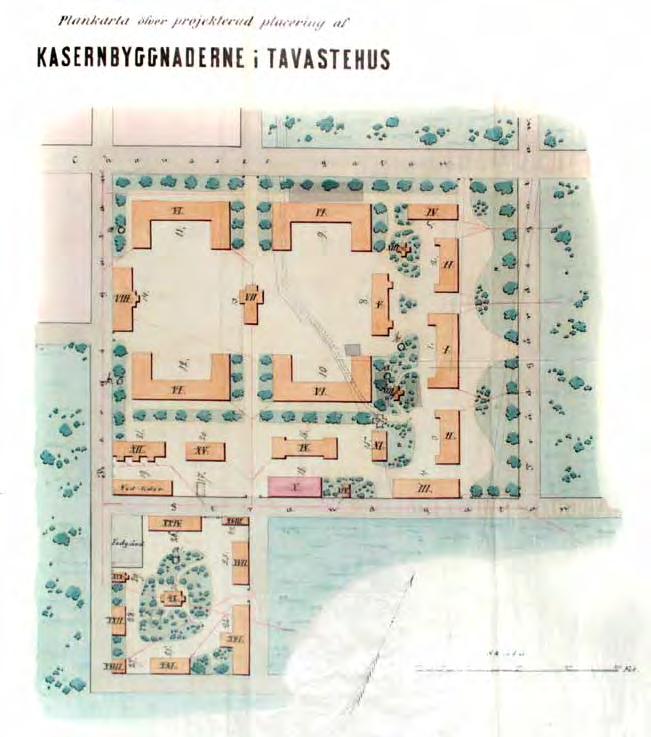 7. Hämeenlinnan tarkk ampujapataljoonan kasarmialueen asemapiirros vastaa 1880-luvun toteutunutta tilannetta, poislukien etelänpuoleisen sairaalakorttelin keskiosan.