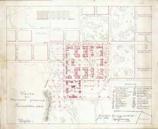 Lääninarkkitehti Alfred Cawénin heinäkuussa 1881 signeeraama Suomen kasarmien varhaisin löydetty asemapiirustus. Alue ei toteutunut tämän suunnitelman mukaan. HMA.