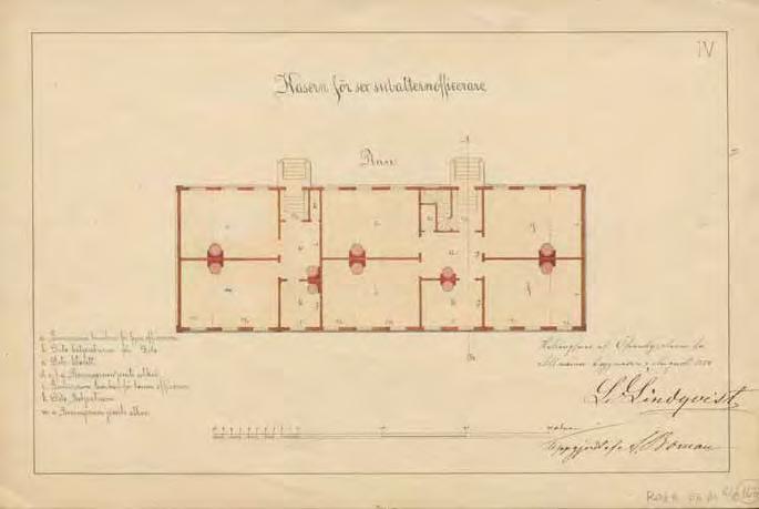 Julkisivu. Tyyppipiirustus alipäällystön (aliupseerien) asuinrakennusta varten. Arkkitehti August Boman, elokuu 1879.