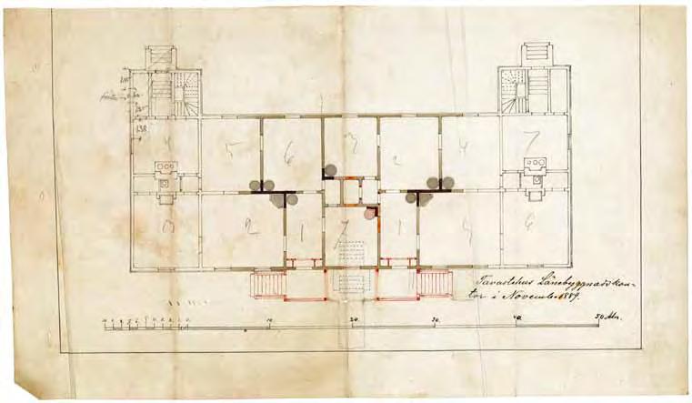 Julkisivu itään. Hämeenlinnan tarkk ampujapataljoonan komppaniapäälliköiden asuinrakennus. Hämeenlinnan lääninrakennuskonttorin muutospiirustus marraskuulta 1889.