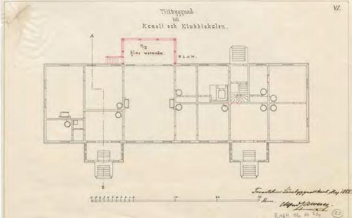 Kanslia- ja kerhorakennuksen pohjapiirros. Piirroksen on allekirjoittanut Hämeenlinnan lääninrakennuskonttorin arkkitehti Alfred Cawén toukokuussa 1888.