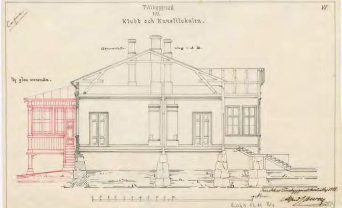 Kanslia- ja kerhorakennuksen leikkaus A-B. Piirroksen on allekirjoittanut Hämeenlinnan lääninrakennuskonttorin arkkitehti Alfred Cawén toukokuussa 1888.