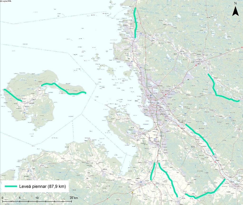 PÄÄLLYSTETTY LEVEÄ PIENNAR (87,9 km) Maaseutumaisilla alueilla jalankulkijoille ja pyöräilijöille soveltuva aluereitin väylätyyppi voi olla myös leveä päällystetty piennar (vt/kt/st 0,75 m ja muut