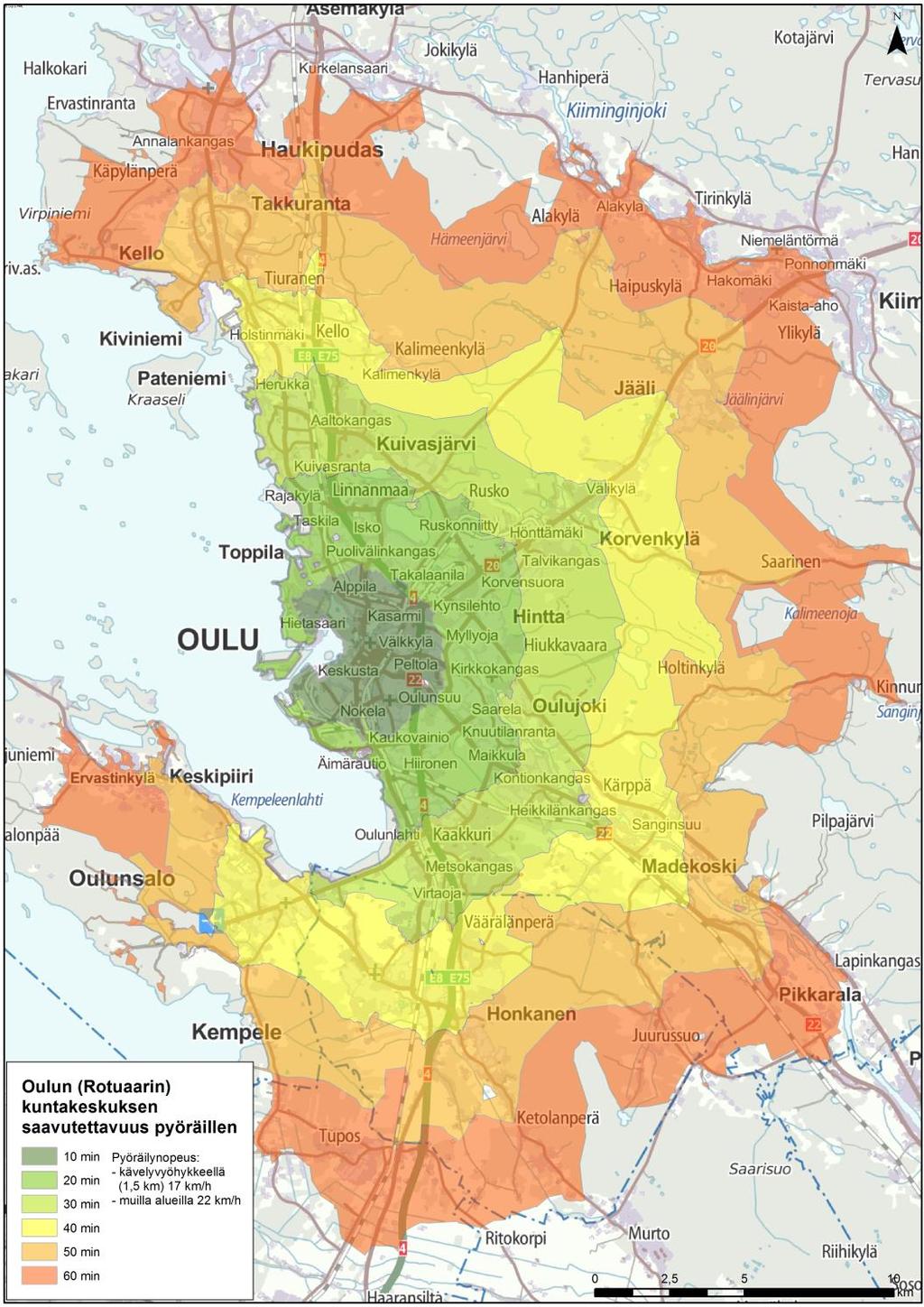 Kuvassa pyöräilyn saavutettavuusalue Oulun keskustasta PYÖRÄILYN SAAVUTETTAVUUSALUEET Saavutettavuusvyöhykkeet (10 min-60 min)