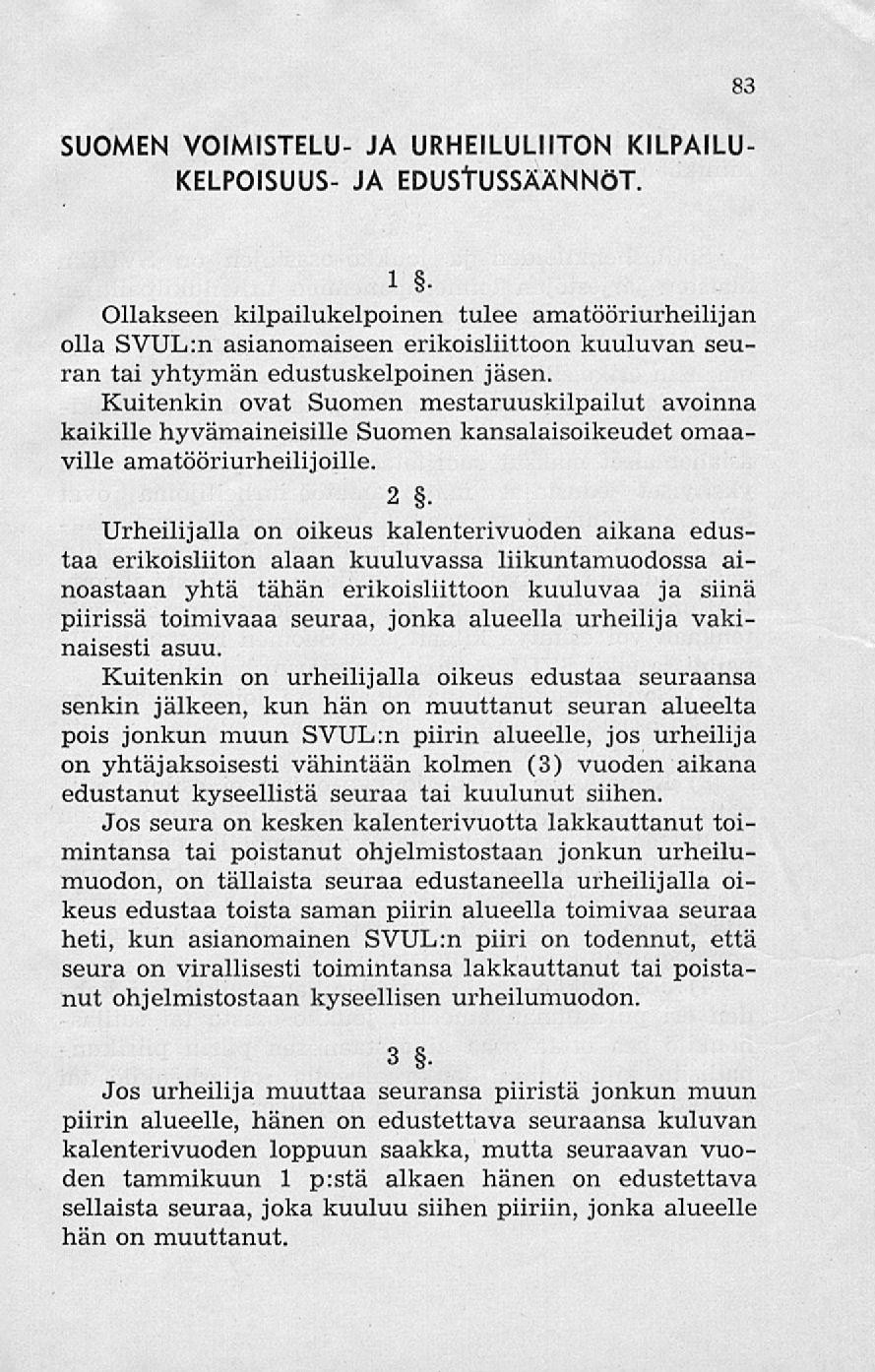 SUOMEN VOIMISTELU- JA URHEILULIITON KILPAILU- KELPOISUUS- JA EDUSTUSSÄÄNNÖT. 83 1.