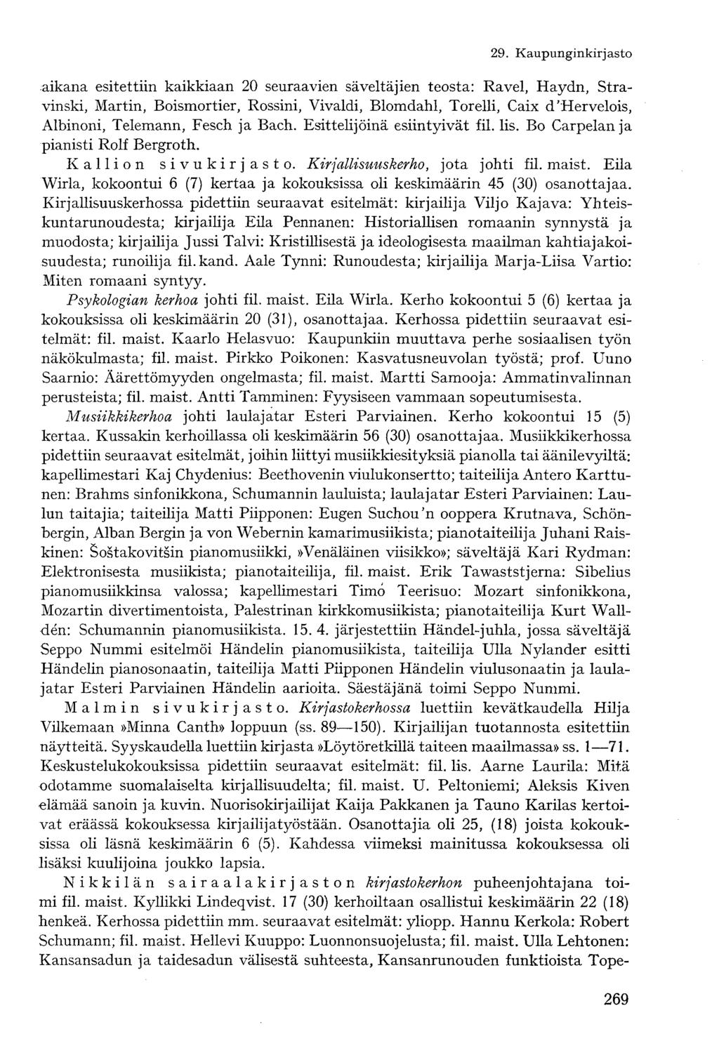 aikana esitettiin kaikkiaan 20 seuraavien säveltäjien teosta: Ravel, Haydn, Stravinski, Martin, Boismortier, Rossini, Vivaldi, Blomdahl, Torelli, Caix d'hervelois, Albinoni, Telemann, Fesch ja Bach.
