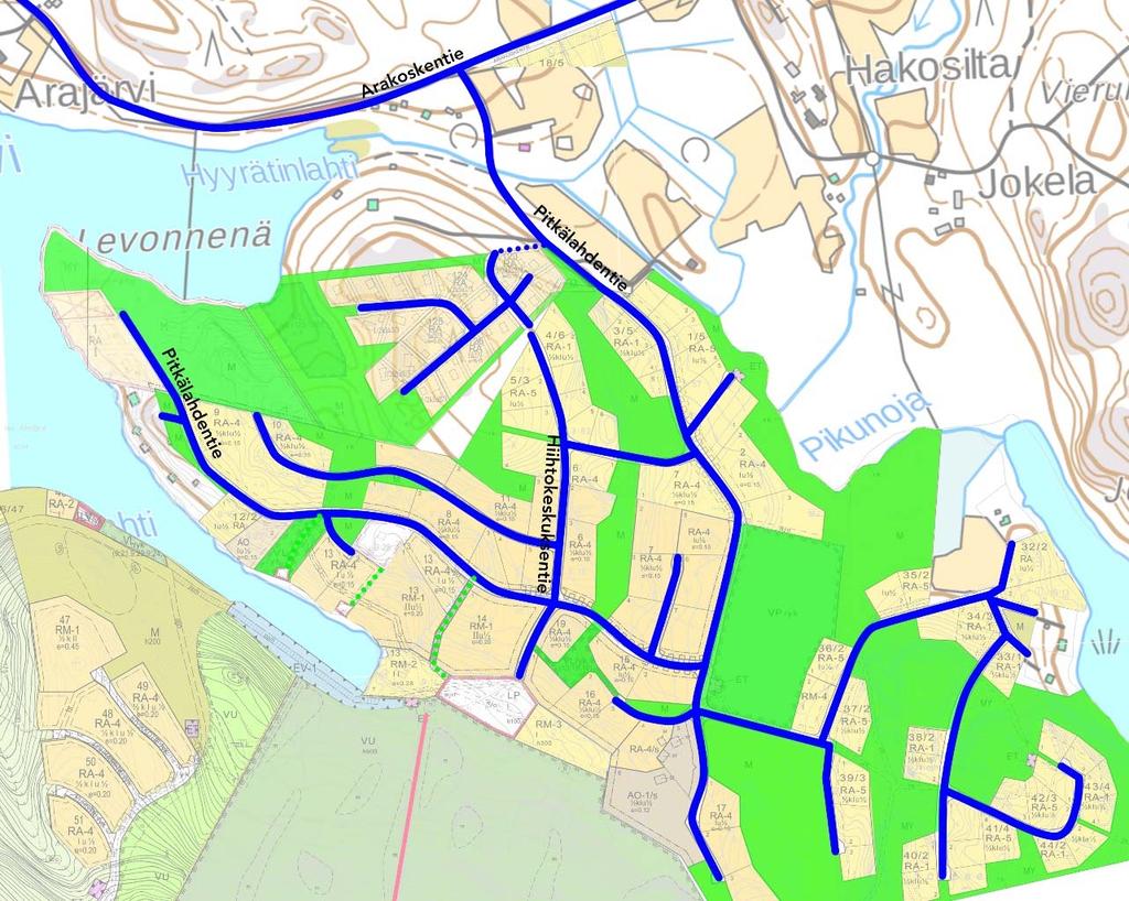 Olemassa oleva, voimassa olevien asemakaavojen mukainen ja suunniteltu liikenneverkko ja viheralueet. Liikenneverkossa on huomioitu mahdollisuus jatkaa Hiihtokeskuksentietä alueelle.