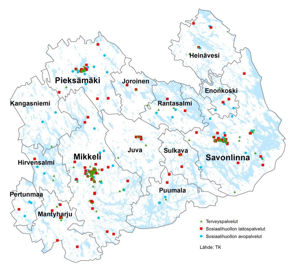 Terveys- ja sosiaalipalveluyritysten toimipaikat Etelä-Savossa kunnittain vuonna 2016 Kunta 86 Terveyspalvelut 87 Sosiaalihuollon laitospalvelut 88 Sosiaalihuollon avopalvelut Palvelut yht 1000