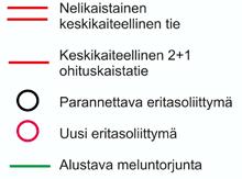Vaihtoehto A, jossa valtatie 5 parannetaan korkeatasoiseksi pääosin nykyisellä paikallaan lukuun ottamatta lyhyttä osuutta Otavan eteläpuolella.