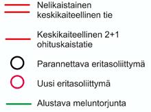 Vaihtoehto A, jossa valtatie 5 parannetaan korkeatasoiseksi pääosin nykyisellä paikallaan lukuun ottamatta lyhyttä osuutta Otavan eteläpuolella.