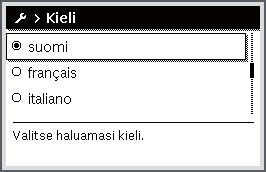 Pikaopas Käyttö Jos haluat muuttaa näytöllä esitetyn tekstin kieltä: aseta kieli kohdassa Avaa päävalikko painamalla valitsinta. Siirry kohtaan Asetukset kiertämällä valitsinta.