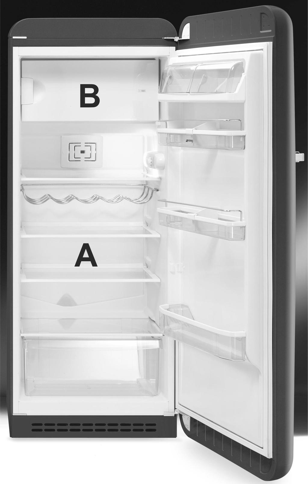 Käyttöohjeet 4. TUOTTEEN KUVAUS 4.1 FAB 28 Jääkaappi (A): tuoreiden ruokien säilytystila. Pakastinosa (B): pakastettujen ruokien ja tuoreiden ruokien pakastamiseen tarkoitettu tila.