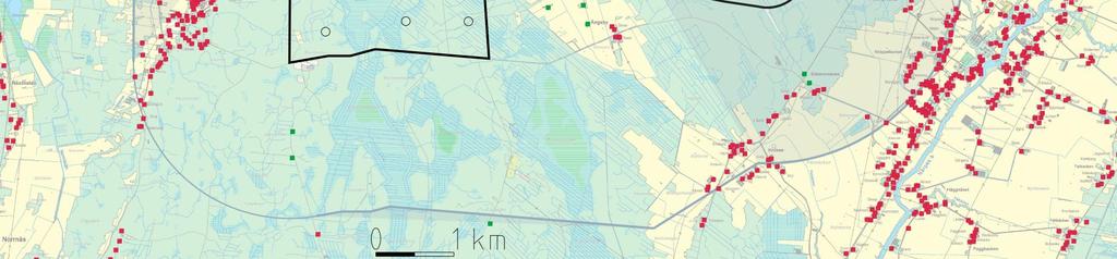 tuulivoimalasta. Lähiasutuksen tiedot Maanmittauslaitoksen maastotietokanta.