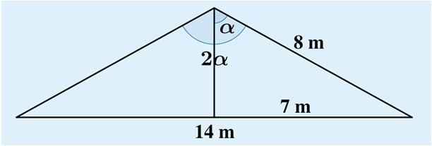 Merkitään huippukulman puolikasta kirjaimella α ja ratkaistaan sen suuruus sinin avulla. sinα = 7 8 α = 61,044.