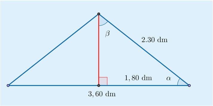Muodostuu kaksi yhtenevää suorakulmaista kolmiota. Ratkaistaan kulman α suuruus kosinin avulla.