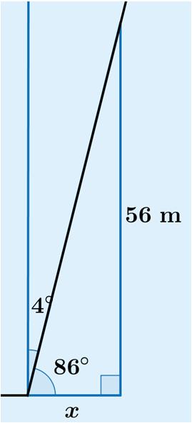 Huippu 3 Tehtävien ratkaisut Kustannusosakeyhtiö Otava päivitetty 14.9.016 54. Piirretään mallikuva. Tornin kaltevuus on 4,0, joten muodostuvan suorakulmaisen kolmion terävä kulma on 90 4,0 = 86.