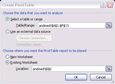 PivotTable i mõnele juba olemas olevale lehele paigutamiseks tuleb ära märkida teine valik (Existing Worksheet) ning anda ette loodava tabeli vasaku ülemise nurga aadress (kas klikkides hiirega