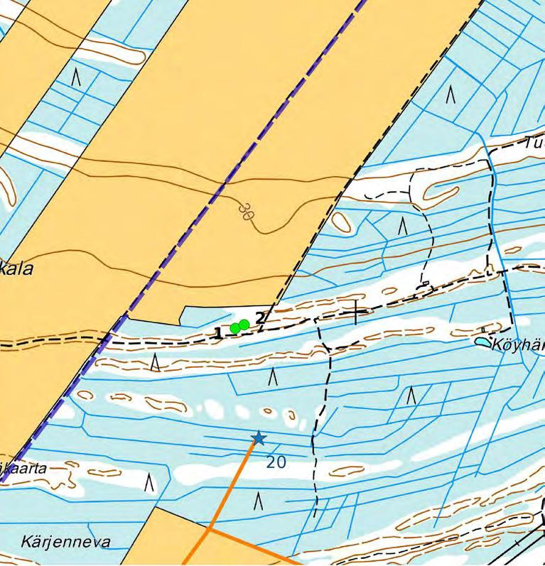 Keski-Pohjanmaan ArkeologiaPalvelu Kalajoki Läntisten tuulipuisto 2015 11 Kartta 7. Kohteet 1 ja 2 Pitkäkaarta tervahauta ja tervapirtin jäännös.