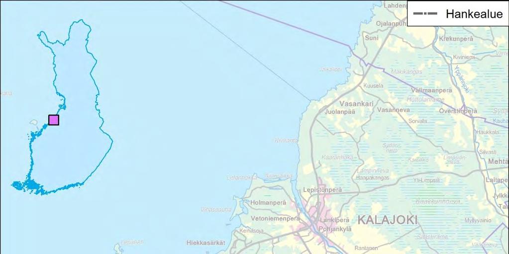 Kalajoen kaupunki Läntisten tuulivoimapuiston osallistumis- ja arviointisuunnitelma 3 Kuva 1. Läntisten tuulivoimapuiston hankealueen sijainti. YVA-ohjelman mukainen aluerajaus.