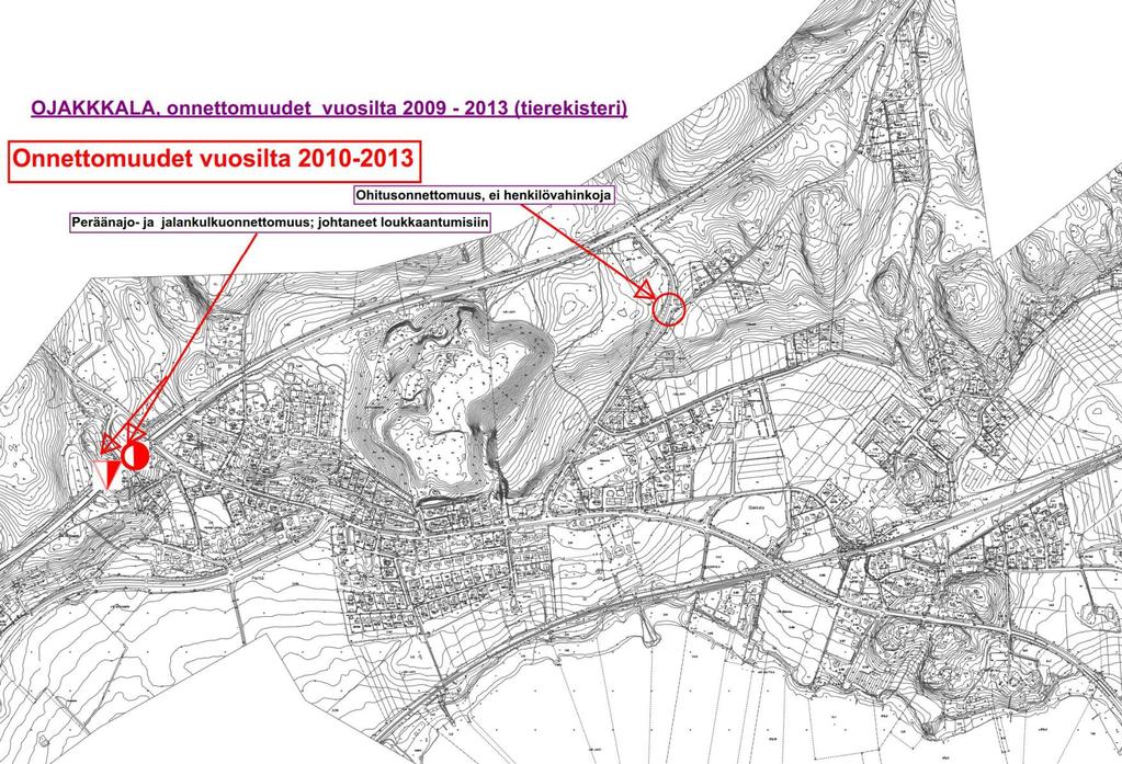 5 2.5 Simuloinnit Kuva 2. Henkilövahinko-onnettomuudet v. 2010-2013 (Tierekisteri) Liikennesimuloinnit on tehty Synchro 7 / Simtraffic -ohjelmalla iltahuipun liikenteestä.