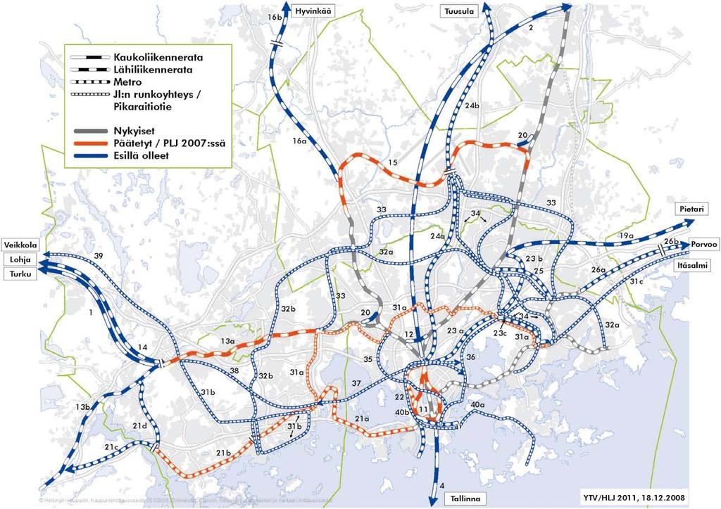 Yleiskaavan liikenneselvitykset ja suunnitelmat Helsingin seudun 14 kunnan alueelle Helsingin Seudun Liikenne kuntayhtymän (HSL) johdolla vuonna 2011 valmistunut Helsingin seudun