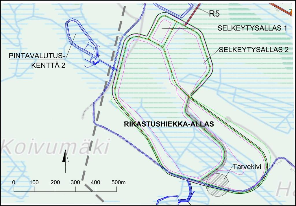 YMPÄRISTÖVAIKUTUSTEN ARVIOINTIOHJELMA 9 / 1 Kuva 3-6. Rikastushiekka-allas. Kaivoksen rakennustöiden yhteydessä alueelta poistettava moreeni käytetään mahdollisuuksien mukaan rakennettavissa padoissa.