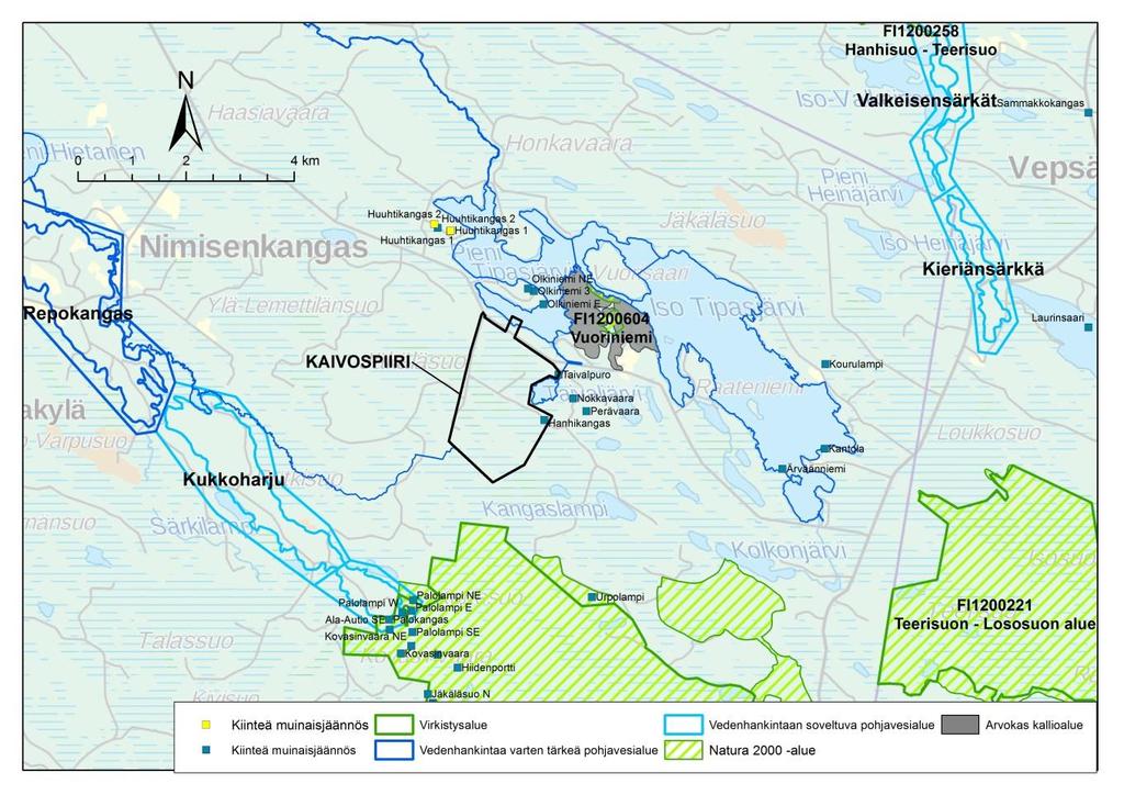 YMPÄRISTÖVAIKUTUSTEN ARVIOINTIOHJELMA 40 / 1 Kuva 7-7. Kaivospiirin ympäristössä sijaitsevat Natura-alueet, muut luonnonsuojelualueet ja luonnonsuojeluohjelmiin kuuluvat alueet. 7.3 Yhdyskuntarakenteen ja maiseman nykytila 7.