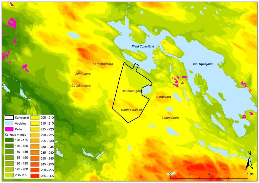 YMPÄRISTÖVAIKUTUSTEN ARVIOINTIOHJELMA 47 / 1 Kuva 7-12. Topografiakartta kaivospiirin ympäristöstä.