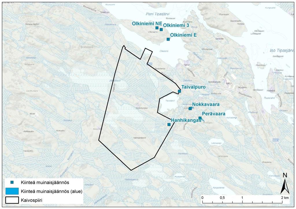 YMPÄRISTÖVAIKUTUSTEN ARVIOINTIOHJELMA 48 / 1 Kiinteät muinaisjäännökset Kaivospiirin itärajalla sijaitsee kaksi tiedossa olevaa kiinteää muinaisjäännöstä.