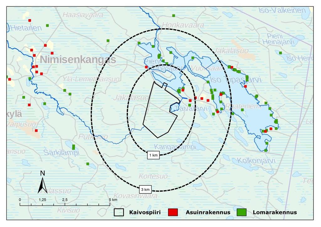 YMPÄRISTÖVAIKUTUSTEN ARVIOINTIOHJELMA 50 / 1 7.4.4 Asuminen ja virkistyskäyttö Asutus kaivosalueen lähiympäristössä on harvaa eikä selkeitä asutuskeskittymiä ole muodostunut.