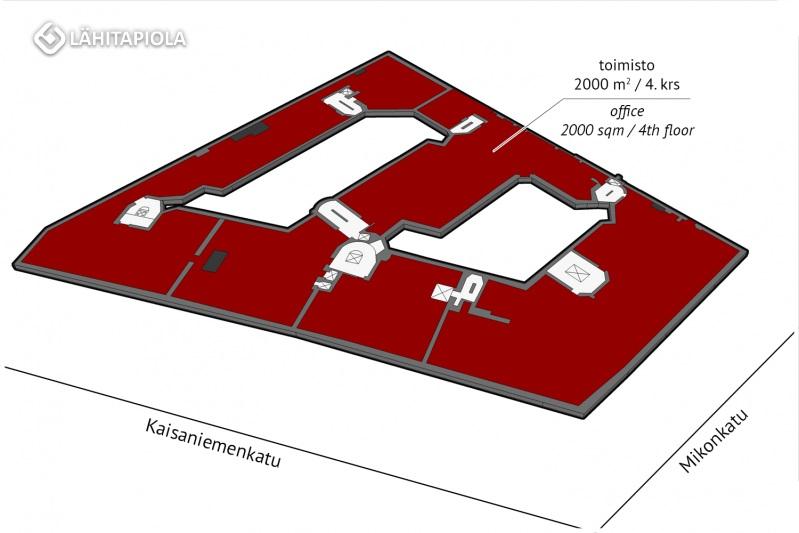 Toimisto 2000 m² / 4. krs. Isollekin käyttäjälle soveltuvat tilat yhdessä tasossa.