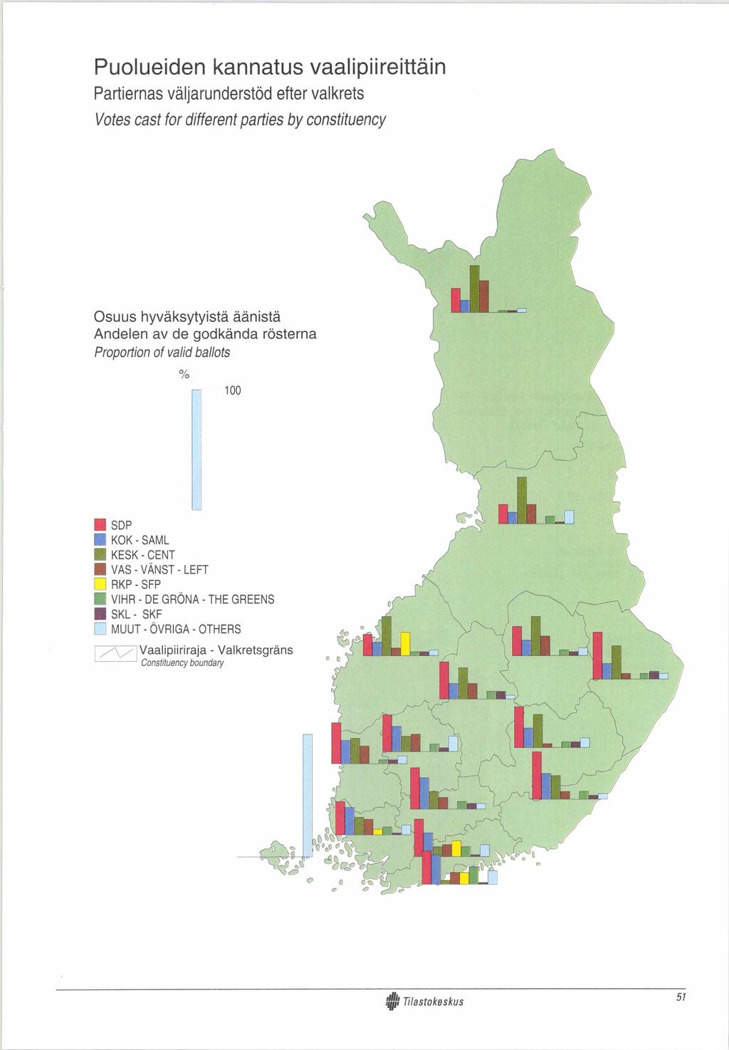 Puolueiden kannatus vaalipiireittäin Partiernas väljarunderstöd efter