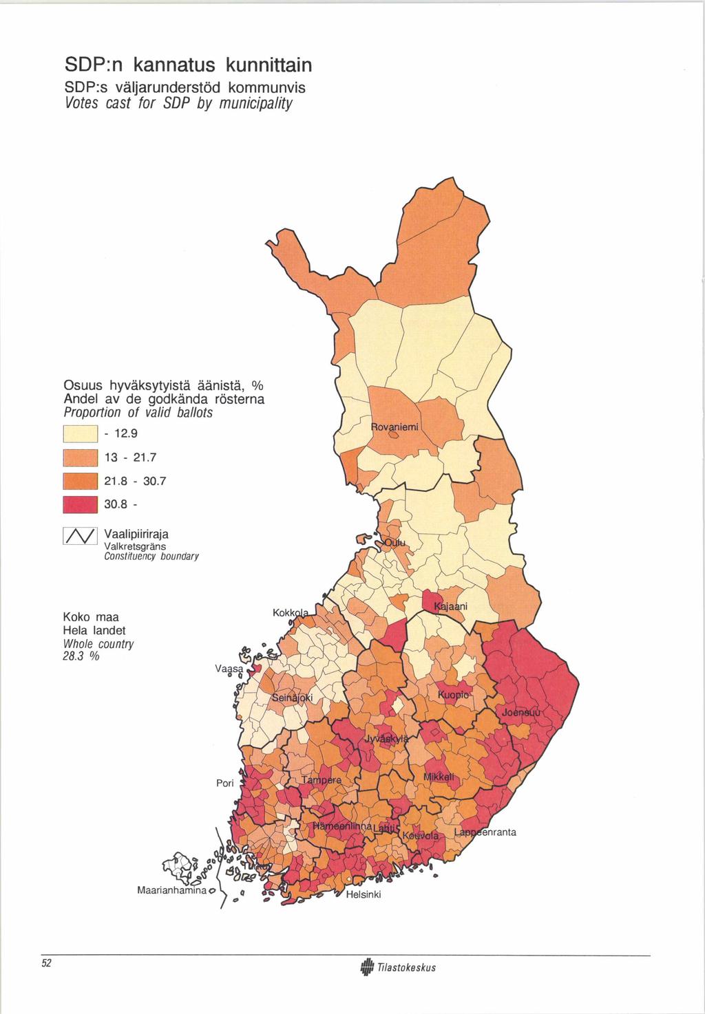 SDP:n kannatus kunnittain SDP:s väljarunderstöd