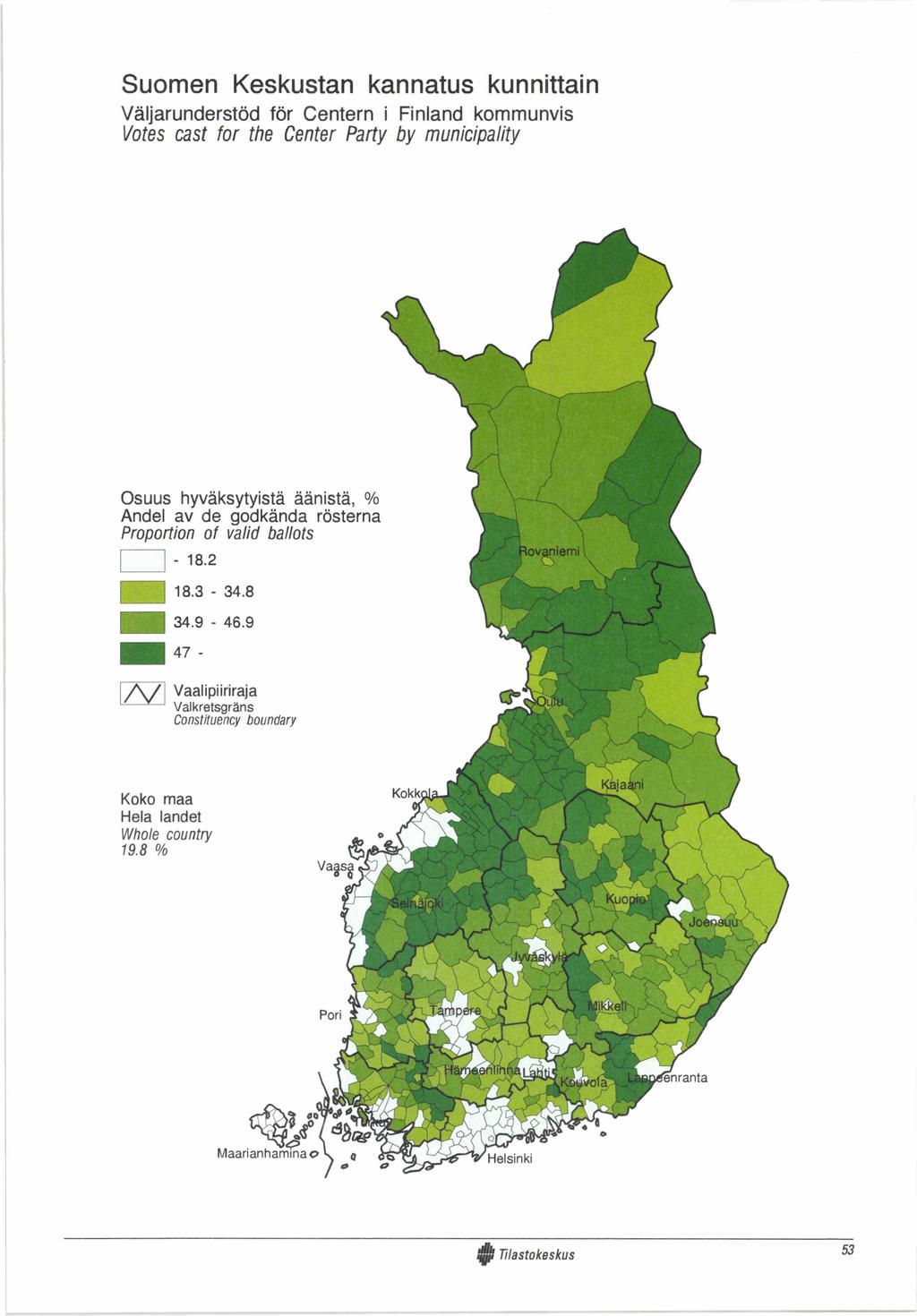 Suomen Keskustan kannatus kunnittain Väljarunderstöd för Centern i Finland