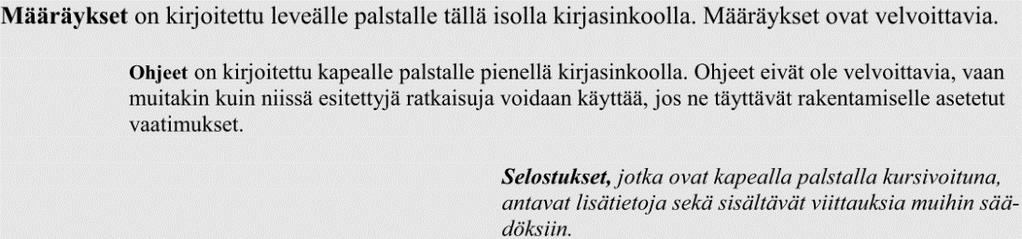 35 Kuva 20 Suomen rakentamismääräyskokoelman osan D2 palstajako. (RakMk D2 2011, 1) Luvussa 1 käsitellään määräyksen kannalta yleisiä asioita. Luvussa 1.1.1 todetaan soveltamisalasta kuvan 21 mukaisesti.