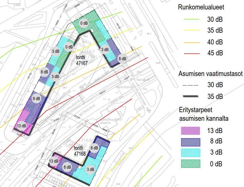 160030-2.1 4 Kuva 1. Runkomelun leviäminen ja rakennusten alustavat eristystarpeet Kontulan suurkorttelin alueella (kts. myös Liite A), kun asuinhuoneet sijaitsevat 2. kerroksessa ja siitä ylöspäin.