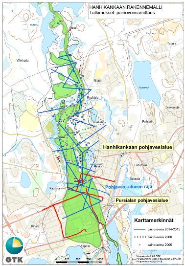 Hanhikangas: painovoimamittaukset alueella on mitattu aiempien tutkimusten yhteydessä painovoimalinjaa: 5500 m vuonna 2005 (Pursialan puoli) 9500 m vuonna 2006 tehdyn pohjavesitutkimuksen yhteydessä