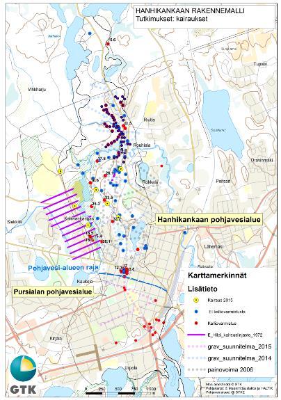 Hanhikangas: kairaukset alueella on tehty eri tutkimusten yhteydessä useita kymmeniä maakairauspisteitä,