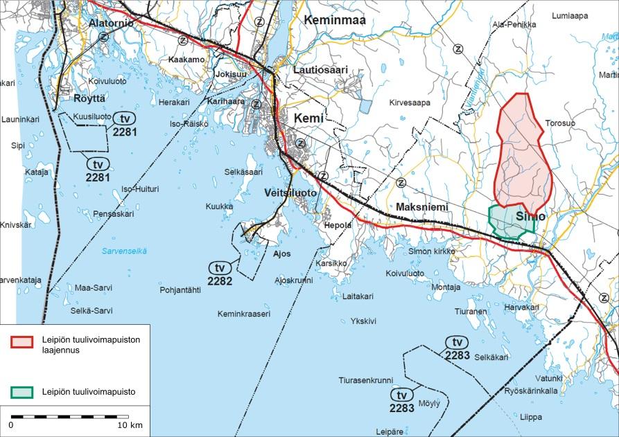 Leipiön tuulivoimapuiston laajennusalue on osoitettu maakuntakaavassa maa- ja metsätalousvaltaiseksi alueeksi (M).