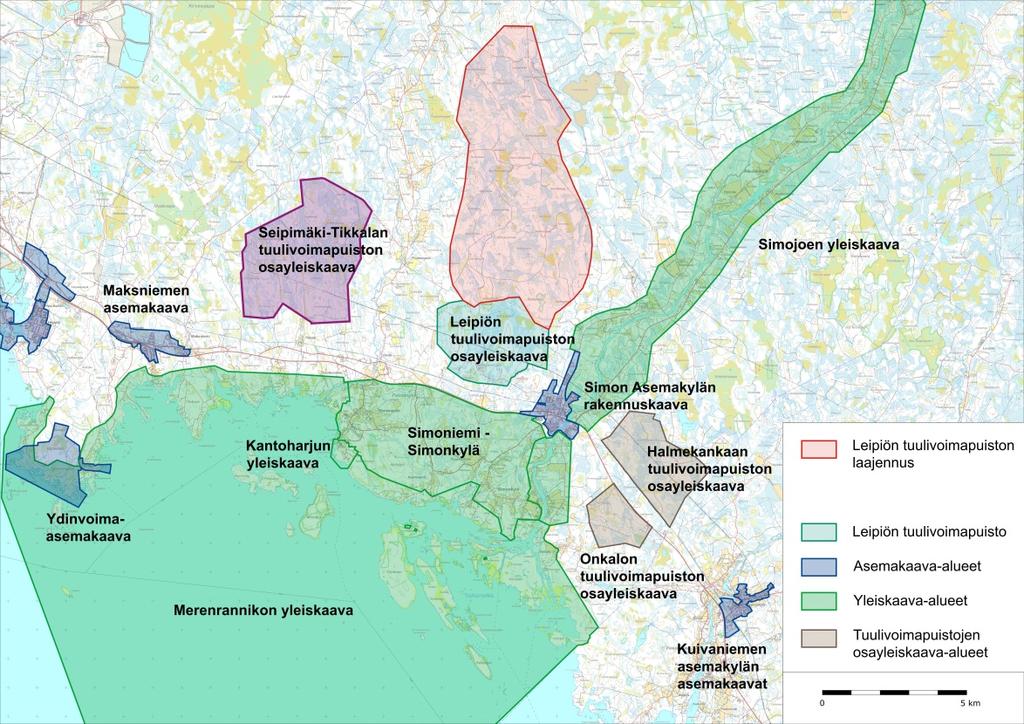 YLEIS- JA ASEMAKAAVAT Leipiön tuulivoimapuiston laajennuksen yleiskaava-alueella tai sen läheisyydessä ei ole voimassa olevia yleis- tai