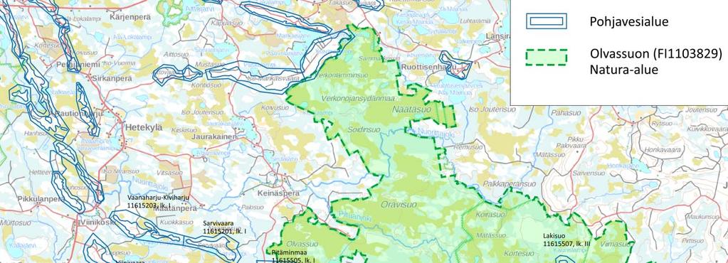 FCG SUUNNITTELU JA TEKNIIKKA OY 18 (39) 5 OLVASSUON NATURA-ALUE (FI1103829) 5.1 Alueen yleiskuvaus Olvassuo on laaja erämainen ja hyvin kehittynyt aapasuoalue, jossa on runsaasti jokia ja puroja.