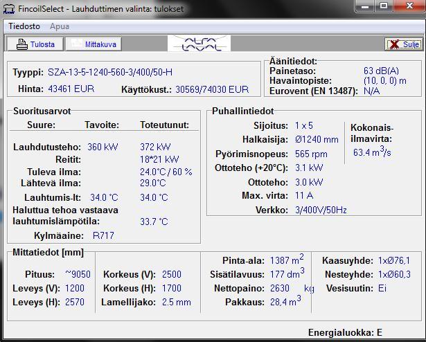 84 Kuva 34. Valitun ilmajäähdytteisen lauhduttimen SZA-13-5-1240-3/400/50H tekniset tiedot.