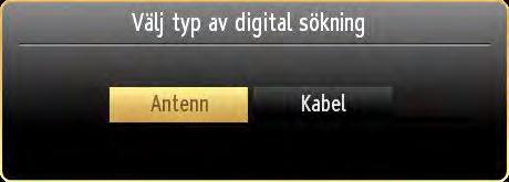 Antenninstallation Om du väljer söktypen ANTENN kommer TV:n att söka efter digitala, markbundna sändningar. Standardpinkoden kan förändras beroende på det valda landet.