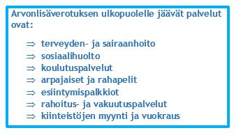 ARVONLISÄVERO-OPAS ARVONLISÄVEROTON TOIMINTA JA NOLLAVEROKANTA Arvonlisäverolaissa on määritelty ne tavarat ja palvelut, jotka eivät kuulu arvonlisäverollisten piiriin, eli joiden myynnistä ei