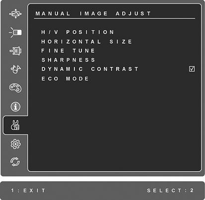 Säädin Kuvaus Manual Image Adjust (Manuaalinen kuvan säätö) näyttää manuaalisen kuvansäädön valikon. H./V.