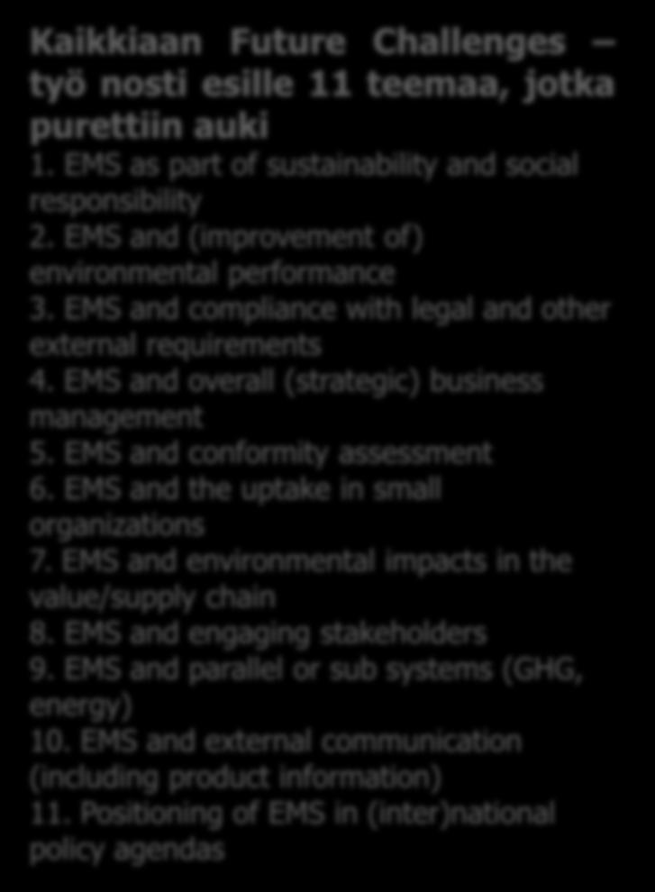 EMS and overall (strategic) business management 5. EMS and conformity assessment 6. EMS and the uptake in small organizations 7. EMS and environmental impacts in the value/supply chain 8.