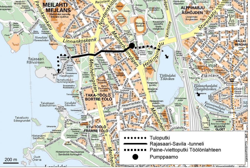 Kuva 2. Meriveden juoksutusreitti Humallahdelta Töölönlahteen. Kuva: Rakennusvirasto (2000).